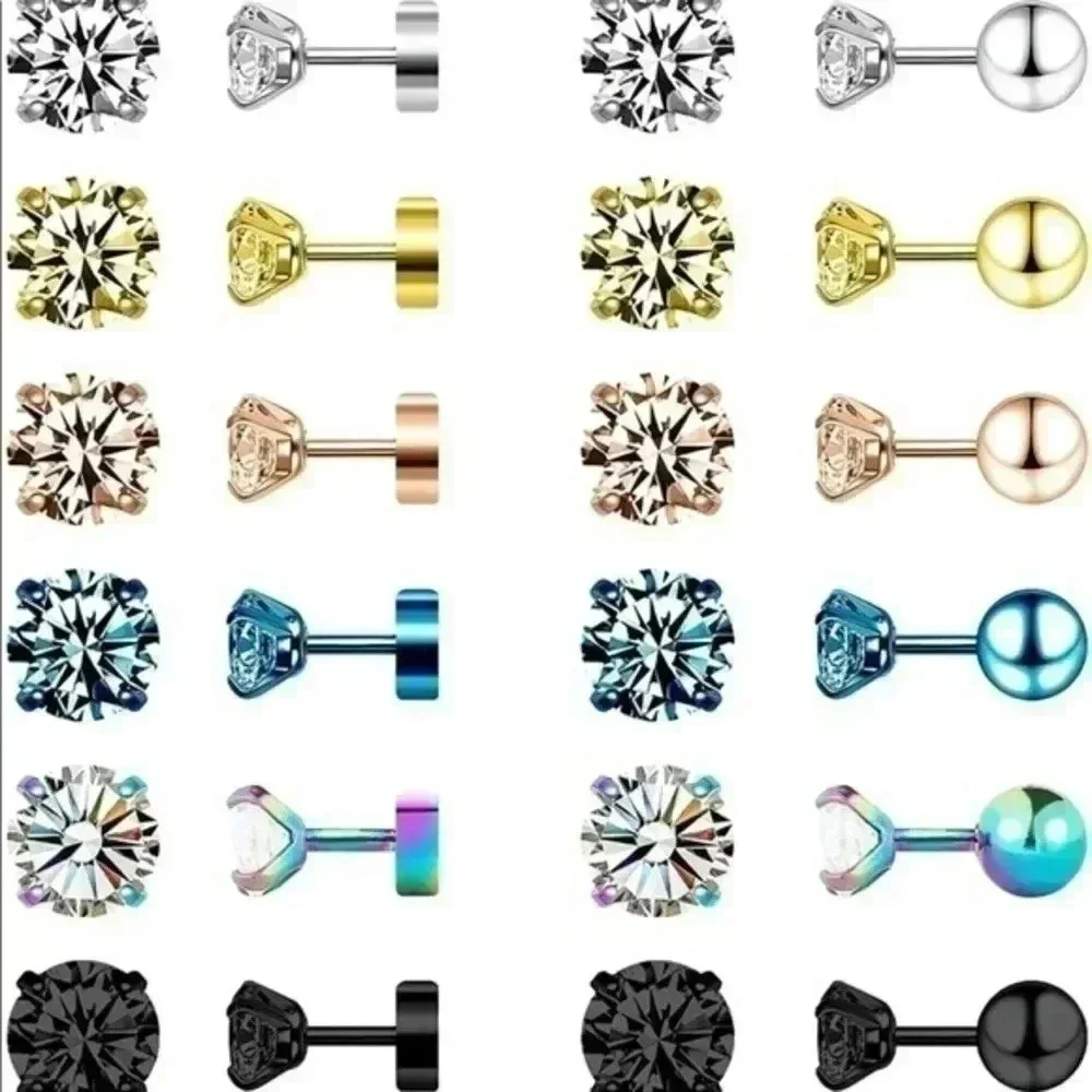 Unisex Steel Disc Back & Ball Back CZ Stud Earrings NWT
